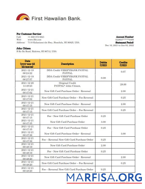 Blank Hawaii First Hawaiian bank statement word download for verification